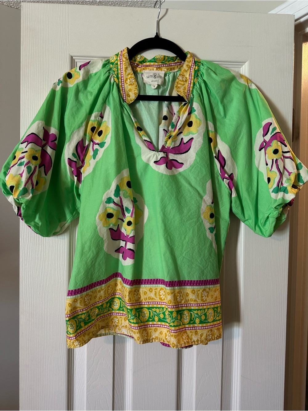 Umgee Mint Green Floral Puff Sleeve Blouse with Yellow Border